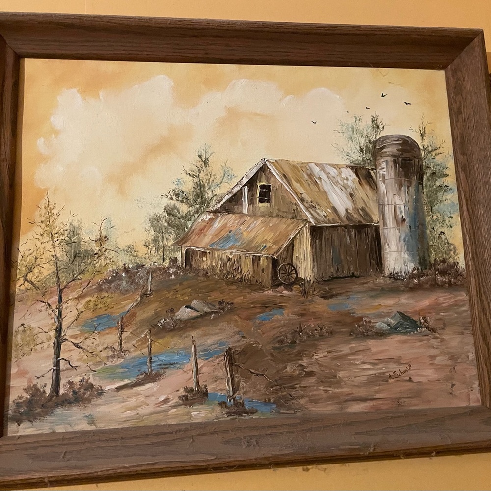 Countryside Barn Scene with Brown Frame